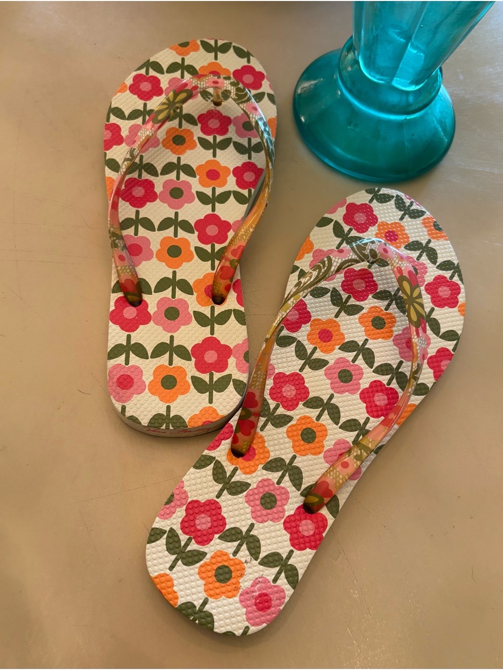 Vera Bradley White Flip Flops with Pink & Orange Floral Print